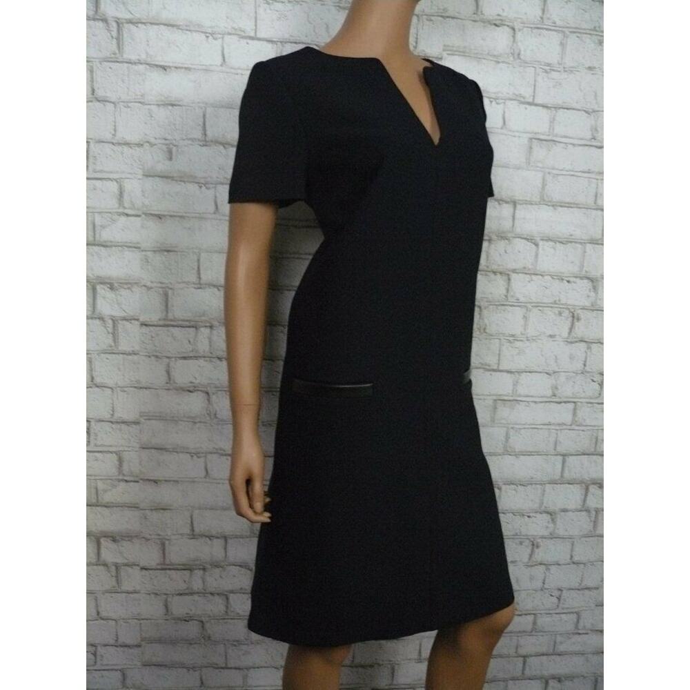 $855 Paule Ka Marine Blue Leather Trim Vneck Shift Dress 42 FR 10 US NWT - Picture 7 of 12